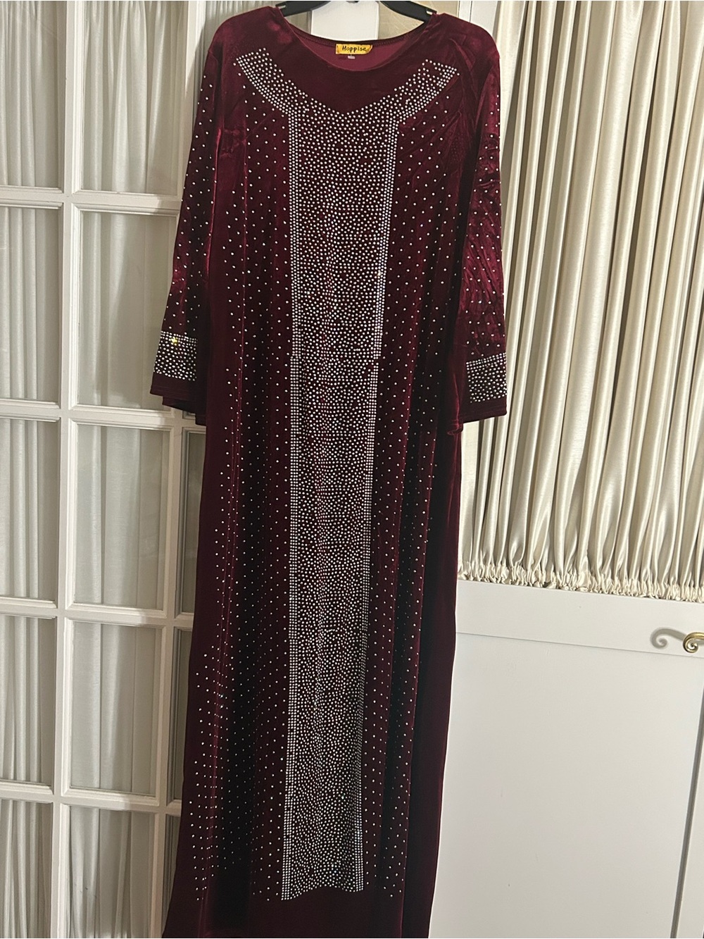 Elegant Burgundy Velvet Abaya Dress with Studded Accents